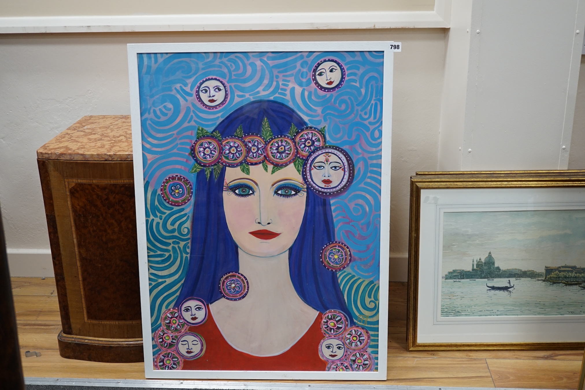 Contemporary gouache, Stylised portrait of a woman, monogrammed L.J. and dated '14, 81 x 58cm. Condition - good
